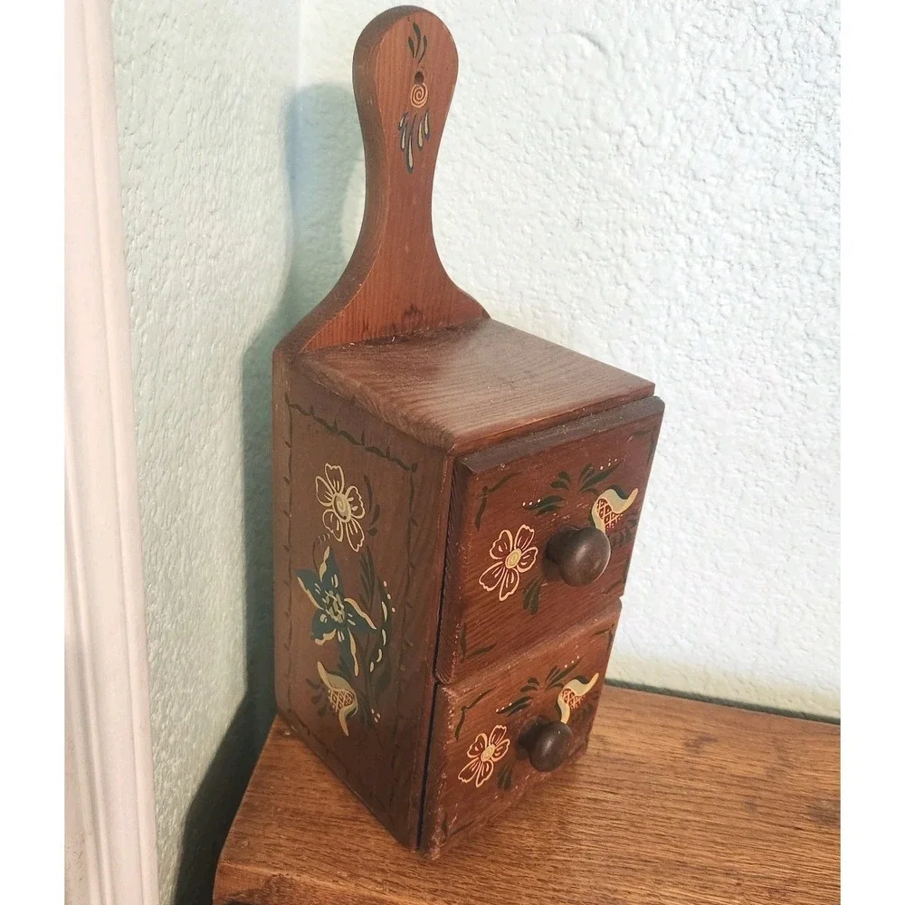 Vtg Folk Art Hand Painted Mini Two Drawer Wood Hanging Shelf A.A. Import Taiwan